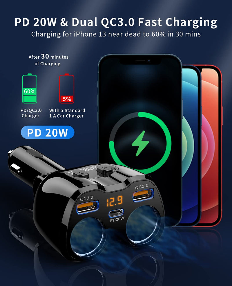 [Australia - AusPower] - 【Upgraded】 Cigarette Lighter Splitter, SUPERONE 180W 2-Socket Cigarette Lighter Adapter with Dual QC3.0 and 20W PD USB C Car Charger Splitter for GPS/Dash Cam/Laptop/iPad/iPhone 13 Pro Max/13/12/11 
