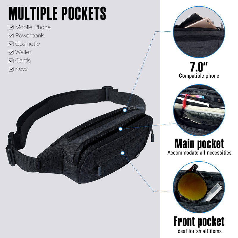 [Australia - AusPower] - WATERFLY Fanny Pack Waist Bag: Runner Small Hip Pouch Bum Bag Running Fannie Pack Phanny Fannypack Waistpack Bumbag Beltbag Sport Slim Fashionable for Jogging Hiking Woman Man Black 