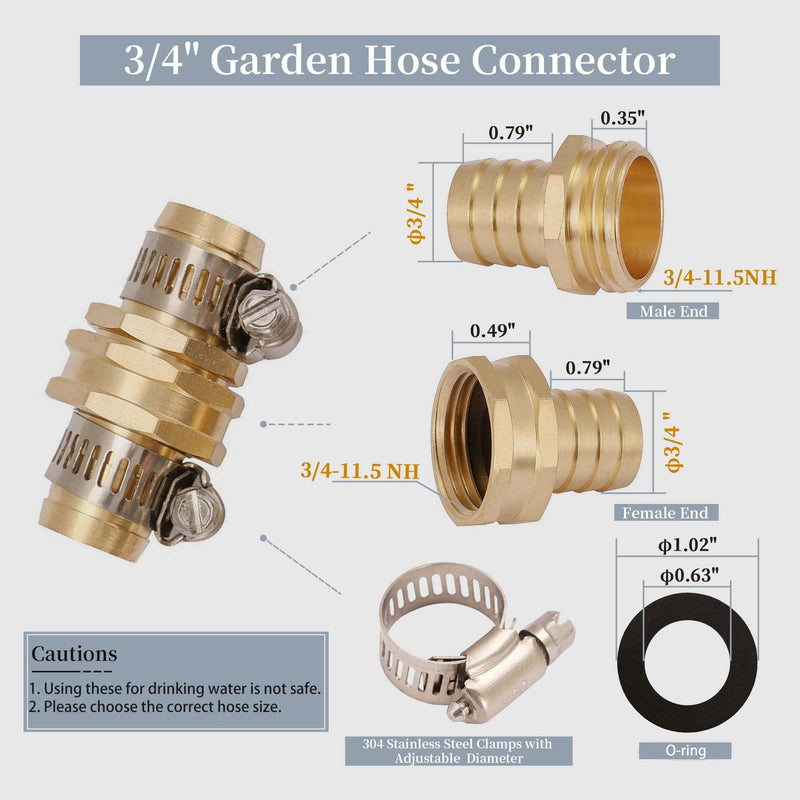 [Australia - AusPower] - U.S. Solid Brass Garden Hose Connector with Stainless Steel Clamps, Male and Female Garden Hose Fittings, 3 Sets (3/4 inch) 3/4 inch 