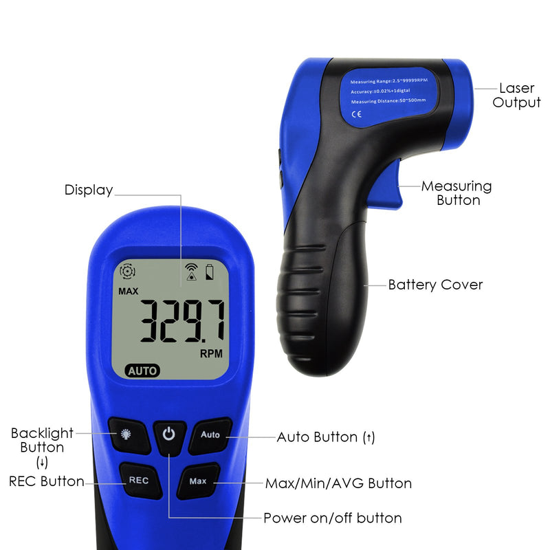 [Australia - AusPower] - Digital Non-Contact Handheld Laser Photo Tachometer Motor speed Gauge Tester Rotational Record(60 Data)MAX/MIN/AVG ±0.02%+1 Accuracy Measuring Range:2.5-99999RPM distance:50~500mm with Reflective Tape 