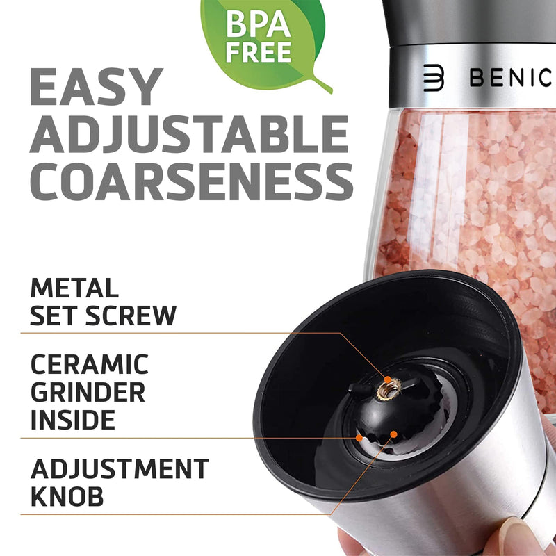 [Australia - AusPower] - Beautiful Stainless Steel Salt & Pepper Grinders Refillable Set - Two 5 oz Salt / Spice Shakers with Adjustable Coarse Mills - Easy Clean Ceramic Grinders with BONUS Wooden Spoon and Cleaning Brush 