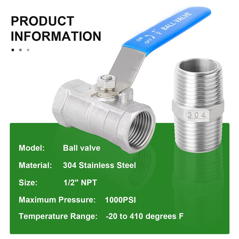 [Australia - AusPower] - TAISHER 4 Pcs 1/2 Inch FNPT Heavy Duty Ball Valve Kit, 304 Stainless Steel with Blue Handles & Nipple 1/2" FNPT 