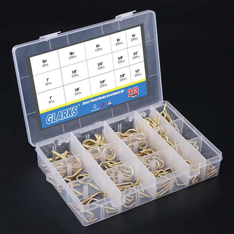 [Australia - AusPower] - Glarks 213-Pieces Brass Plated Screw Eyes & Screw-in Ceiling Cups Hooks & Square Bend Hooks Assortment Set Kit for Hanging 