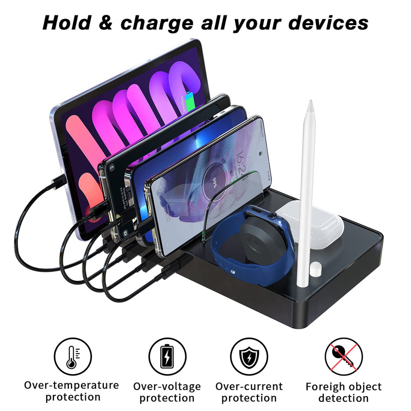 [Australia - AusPower] - KKM 7 in 1 Charging Station for Multiple Devices, 40W Charging Dock Multi USB Charger Station Compatible with iPhone13/12/S22/iPad/Cell Phone/Tablets/AirPods/iWatch/Apple Pencil (with 3 Short Cables) 7 in 1 black 