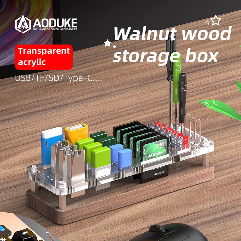 [Australia - AusPower] - AOJUE Wooden Memory Card Case TF Cards Box and USB Drive / SD Card Holder Desk,Micro SD Card Case,Memory Card Case, Memory Card Carrying Case -AJSNH02MY pure walnut wood + transparent acrylic 
