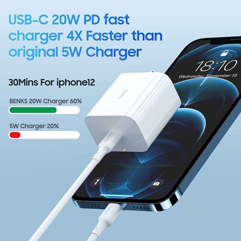 [Australia - AusPower] - BENKS Designed for iPhone 13/13 Mini/13 Pro/13 Pro Max 20W USB C Fast Charger,TÜV Certified Wall Plug Fast Charging Cube Power Delivery Block Adapter Compatible with iPhone 12 Series, iPad Pro 