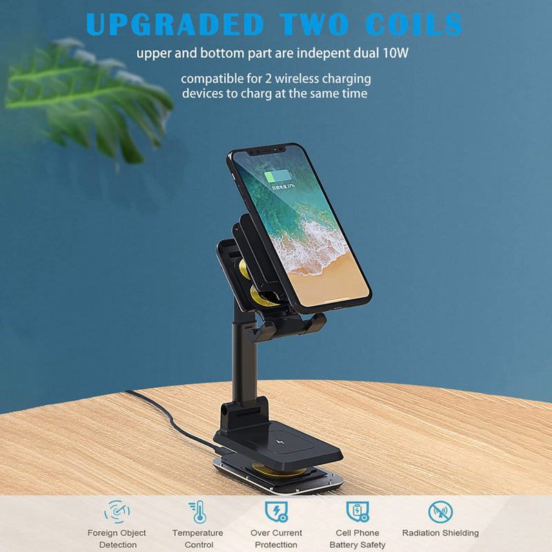 [Australia - AusPower] - Dual Wireless Charger Stand, 2 in 1 Dual Wireless Charging Stand, Angle Height Adjustable Wireless Charging Cell Phone Desk Holder Dock for iPhone 12/11/Xs/Max/X/8/8P AirPods, Samsung S10/S9/S8/Note10 