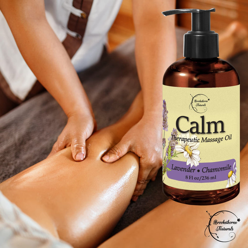 [Australia - AusPower] - Calm Massage Oil with Lavender & Chamomile Essential Oils to Relax Sore Muscles - for Massage Therapy & Home use – with Coconut, Grapeseed & Jojoba Oils for Smooth Skin– Brookethorne Naturals - 8oz 