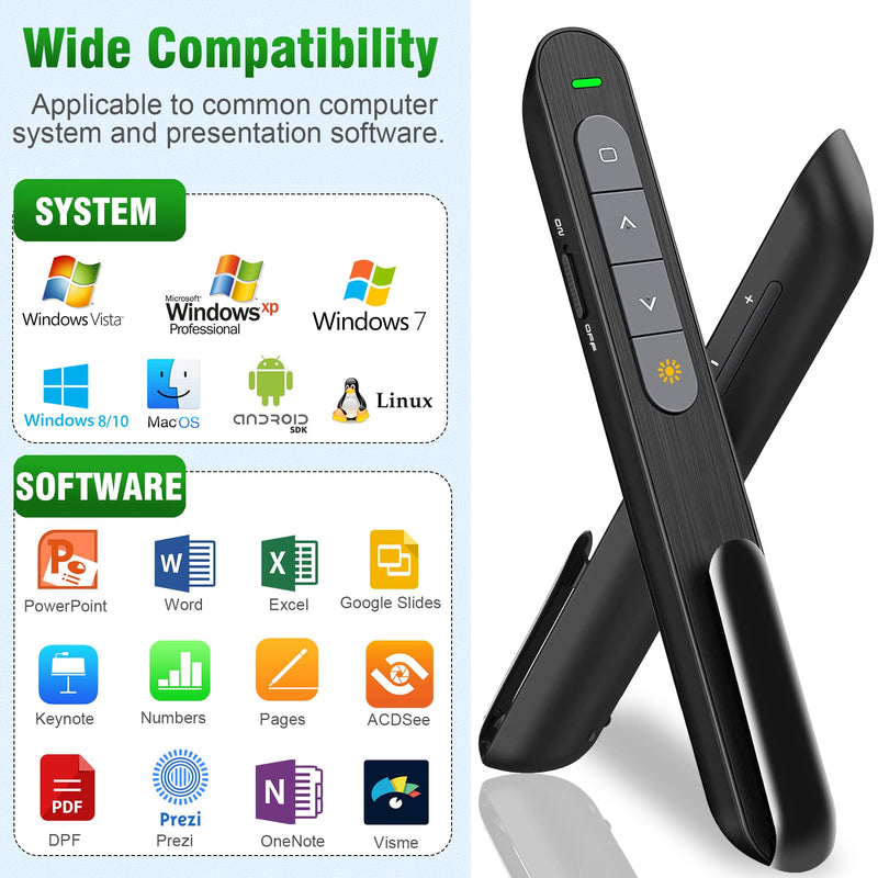 [Australia - AusPower] - Presentation Clicker for Powerpoint Presentation Pointer, Powerpoint Clicker 2.4Ghz Wireless Presenter Remote PPT Clicker with Hyperlink&Volume Control, Rechargeable Presentation Remote Pointer(Green) 