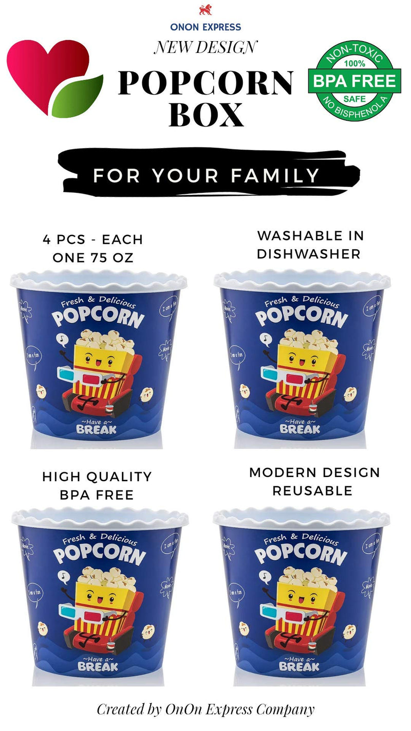 [Australia - AusPower] - Modern Style Reusable Plastic Popcorn Box / Popcorn Containers / Popcorn Bowls Set for Movie Theater Night - (BPA Free - BLUE 4 Pack-75 oz) 