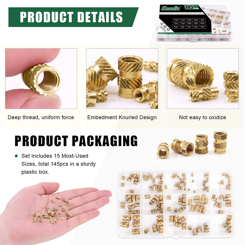 [Australia - AusPower] - Keadic 145 Pcs M2 M3 M4 M5 M6 Thread Brass Knurled Nuts Assortment Set, Female Threaded Insert Embedment Nuts, Threaded Knurled Heat Set for Printing 3D Printer and More Projects M2/M3/M4/M5/M6 