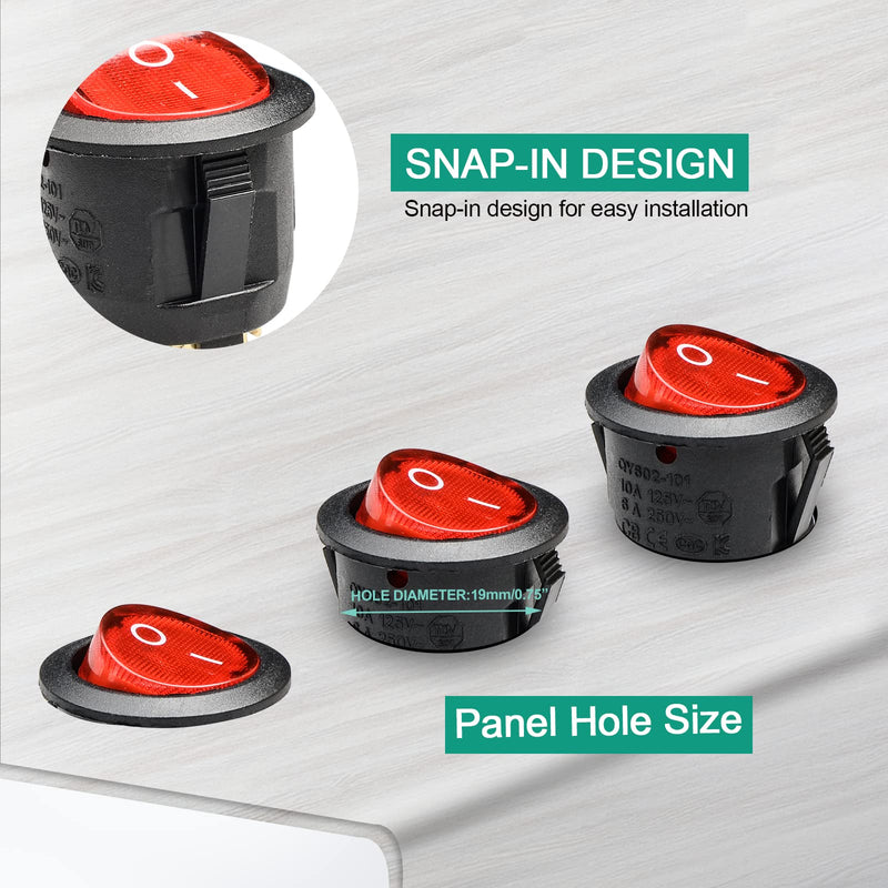 [Australia - AusPower] - QTEATAK KCD1 On/Off 3-Pin 2-Position Snap 10A/125V, 6A/250V Red LED Round Boat Rocker Switch-5Pack 
