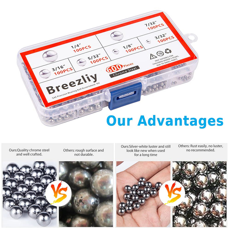 [Australia - AusPower] - Breezliy 600 Piece 6 Sizes Assorted Loose Bicycle Bearing Balls 1/4" 7/32" 3/16" 5/32" 1/8" and 3/32" 600PCS 6 Sizes chrome steel Ball 