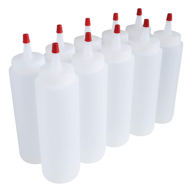 [Australia - AusPower] - kelkaa 8oz HDPE Plastic Squeeze Bottles with Wide Mouth Opening, Red Tip Yorker Caps with 0.030 Orifice for Condiments and Any Thick Liquids Products, Refillable Empty Bottles (Pack of 10) 