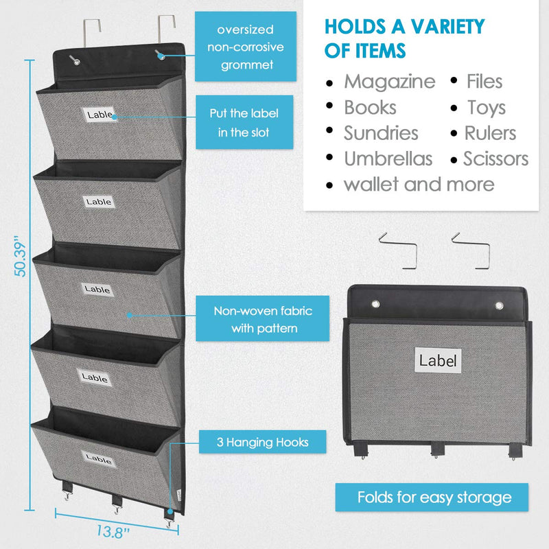[Australia - AusPower] - Over the Door File Organizer,Wall Mounted Hanging File Folder Holder Mail organizers,Home Office Supplies Storage Pocket Chart for Paper,Magazine,Notebooks,Planners,5 Large Pockets Grey 
