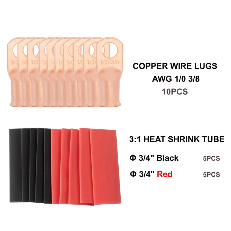 [Australia - AusPower] - Sanuke Wire Lugs Ring Terminal Connectors 10 Pack-1/0Guage-3/8" Ends Heavy Duty for Battery Cable Lug Wire Electrical Eyelets with 3:1 Dual Wall Adhesive Heat Shrink 1/0 Awg - 3/8" (M10) Bare Copper 