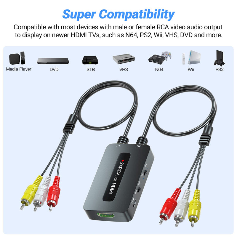 [Australia - AusPower] - Dual RCA to HDMI Converter Support 4 : 3/16 : 9 Aspect Ratio Switch, 2 Port AV to HDMI, Double RCA Composite to HDMI for Connecting Two RCA Devices to One HDTV to Avoid Frequent Plugging / Unplugging Dual RCA to HDMI 