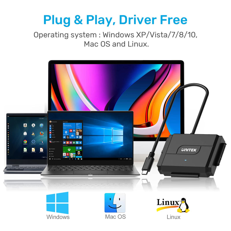 [Australia - AusPower] - IDE/SATA to USB C 3.0 Adapter, Unitek Universal IDE Hard Drive Little Triangle pro Converter for 2.5"/3.5" Inch IDE and SATA External HDD/SSD, Support 10TB Type C 
