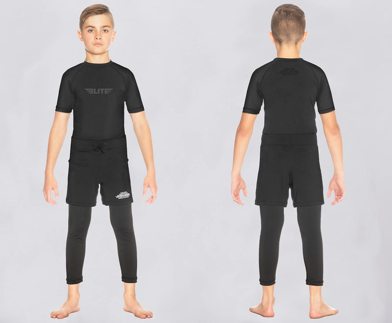 [Australia - AusPower] - Elite Sports Rash Guards for Boys and Girls, Short Sleeve Compression BJJ Kids and Youth Rash Guard Black Small 
