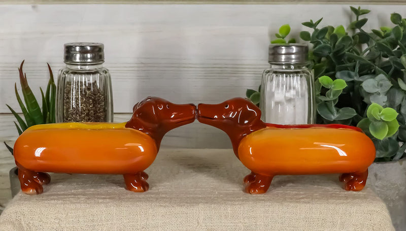 [Australia - AusPower] - Ebros Kissing Hot Dog Sausage Wiener Dachshunds Couple In Ketchup And Mustard Salt Pepper Shakers Ceramic Magnetic Figurine Set 4.75"L 