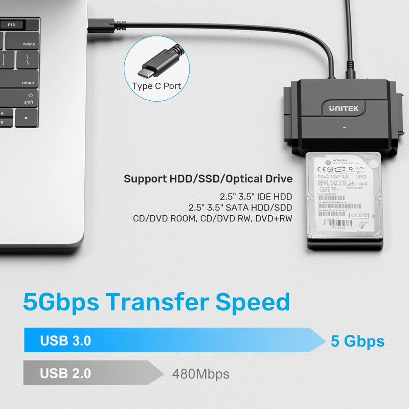 [Australia - AusPower] - IDE/SATA to USB C 3.0 Adapter, Unitek Universal IDE Hard Drive Little Triangle pro Converter for 2.5"/3.5" Inch IDE and SATA External HDD/SSD, Support 10TB Type C 