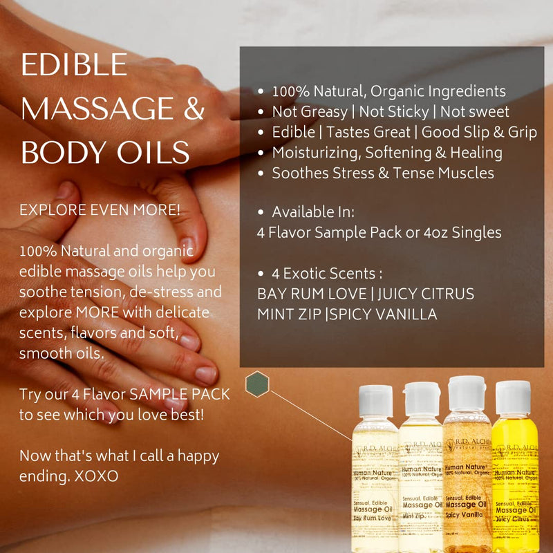 [Australia - AusPower] - RD Alchemy - 100% Natural & Organic Edible Massage Oil Sample Pack. Contains All 4 Flavors - Bay Rum Love, Juicy Citrus, Spicy Vanilla, Mint Zip for Soothing Massage, Bath & Body Oil. 2 Ounce (Pack of 4) 