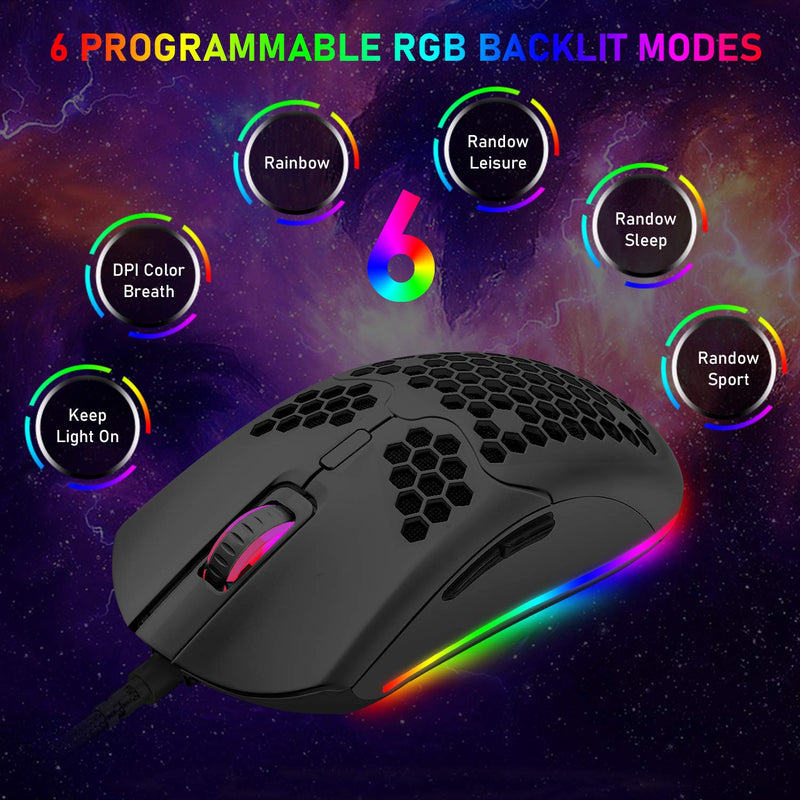 [Australia - AusPower] - Lightweight Gaming Mouse,26 Kinds RGB Backlit Mice,PixArt 3325 12000 DPI Mouse,Ultralight Honeycomb Shell Ultraweave Cable Mouse and Anti-Key Can Be Set for PC Gamers and Xbox and PS4 Users(Black) Black RGB 