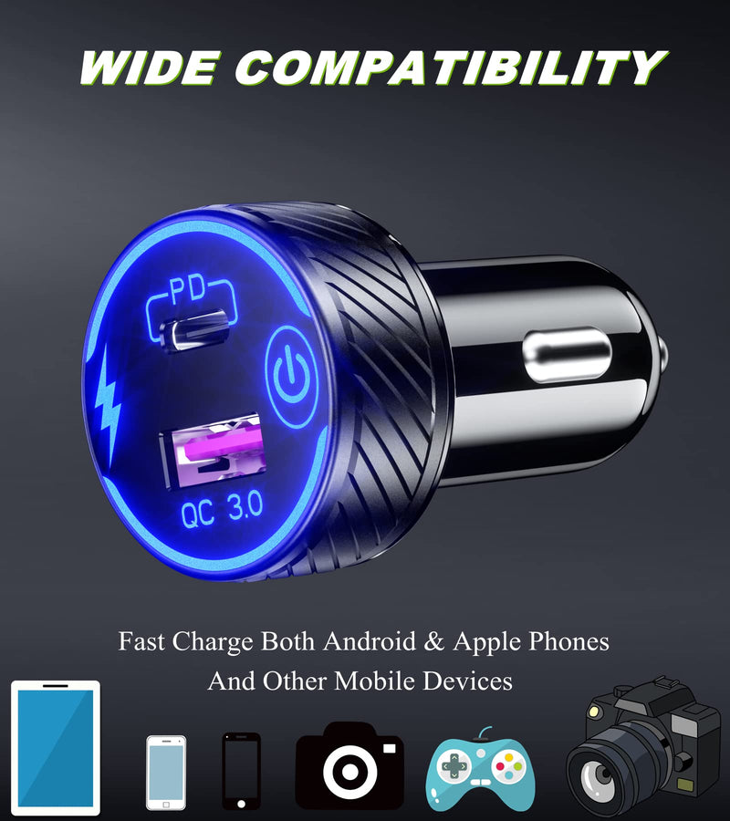 [Australia - AusPower] - VAZESWIN USB C Car Charger, QC3.0 & PD Type C Dual Port Fast Car Charger Adapter, 30W 5A Quick Charge Car Phone Charger with Blue LED & Touch Switch 