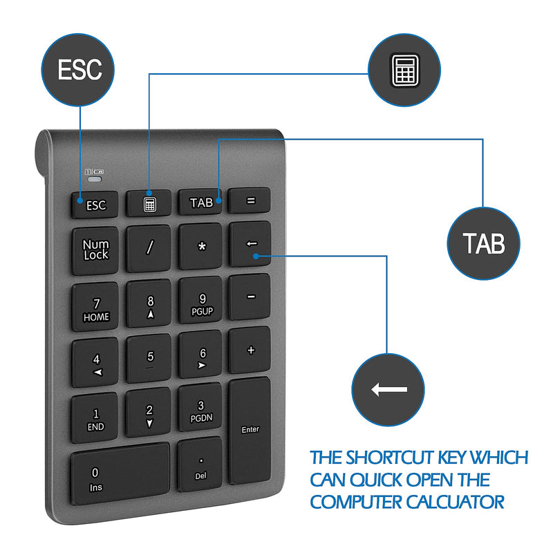 [Australia - AusPower] - Number Pads, Foloda Wireless Eexternal Data Entry Numeric Keypads 22 Keys 2.4G Num Pad for for Laptop, PC, Desktop, Surface Pro, Notebook Grey 