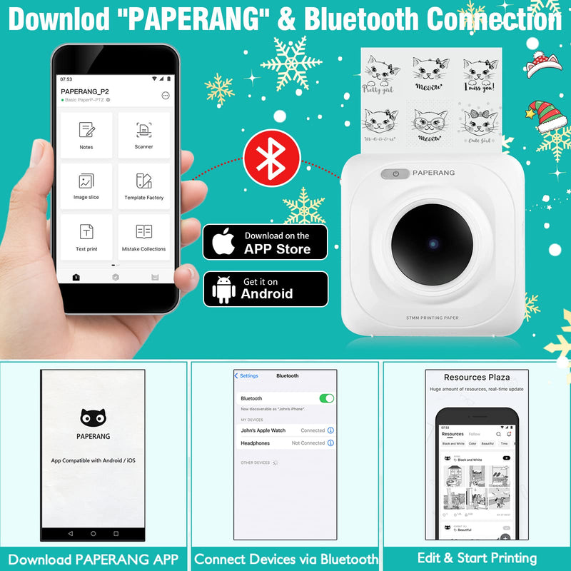 [Australia - AusPower] - Mini Photo Printer, Thermal Pocket Printer with 10 Rolls Printing Paper Compatible with iOS Android, Bluetooth Wireless Printer Inkless Printing for School, Office, Photo, Receipt, QR Codes, Lable 