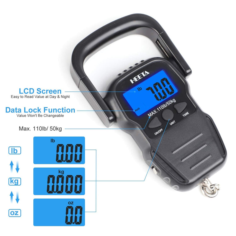 [Australia - AusPower] - HEETA Fish Scale with Backlit LCD Display, Digital Portable Hanging Scale Luggage Scale with Measuring Tape for Home and Outdoor, 2 AAA Batteries Included Black 