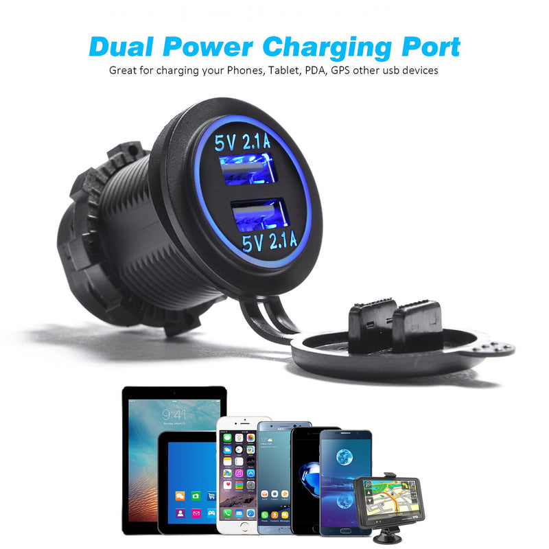 [Australia - AusPower] - MICTUNING Dual USB Charger 4.2A with Blue Light Compatible for Cell Phone, Tabet, GPS for Car Boat Motorcycle Marine 