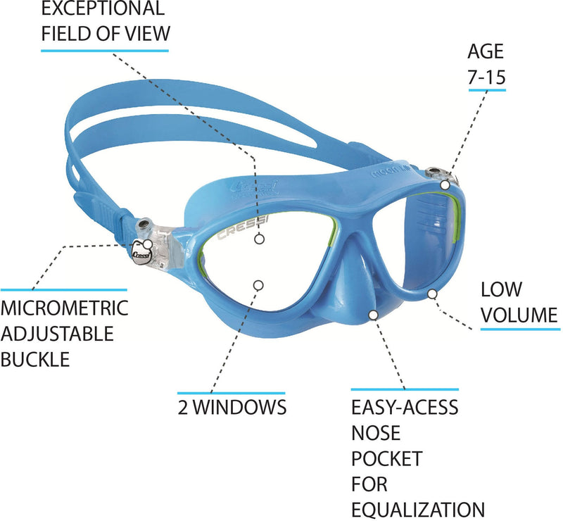 [Australia - AusPower] - Cressi Kids Comfortable Silicone Mask with Adjustable Strap, for Snorkeling and Pool - for Children 5 to 10 years old - Moon: made in Italy Azure/Lime 