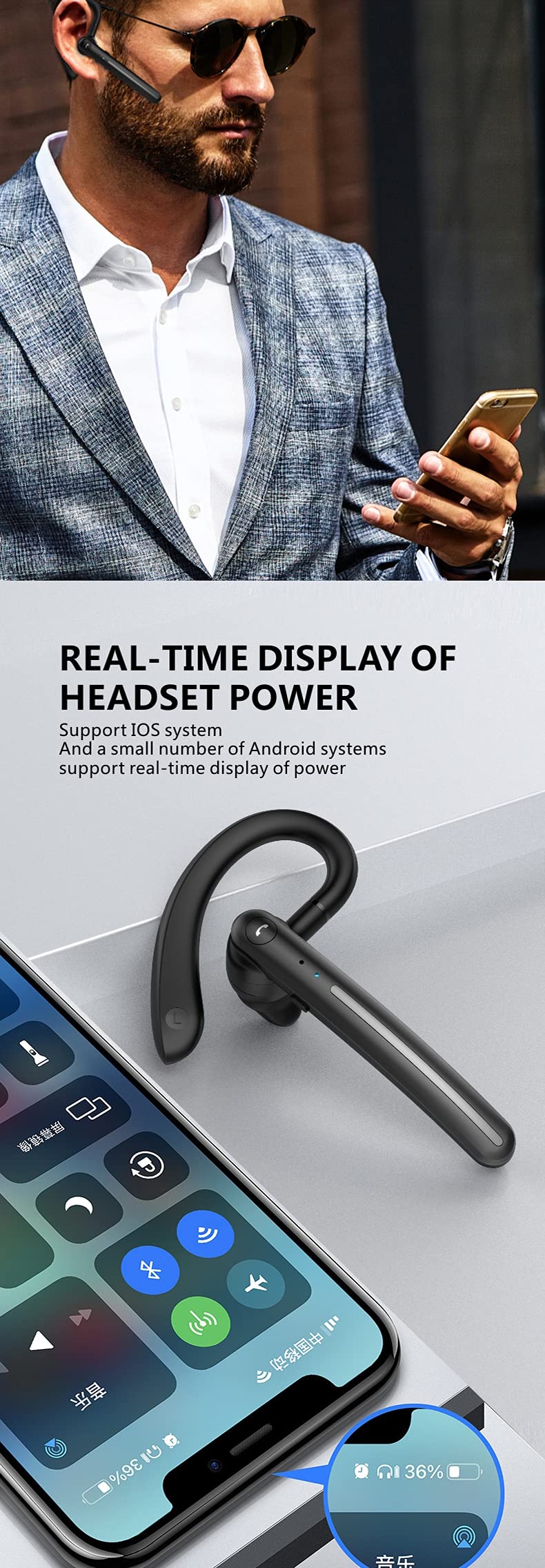[Australia - AusPower] - 2022 Newest Bluetooth Headset with Microphone Best Blue Tooth Earbuds with Mic Compatible to Cell Phones - Noise Canceling Black 
