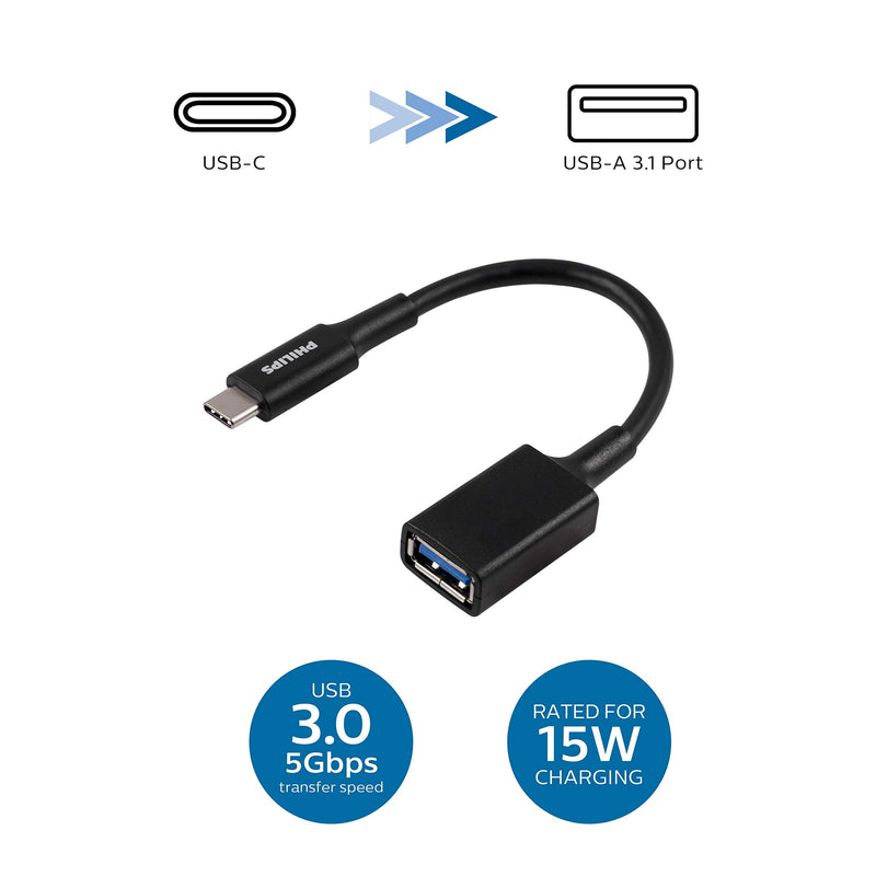 [Australia - AusPower] - Philips 6" USB-C to USB-A 3.1 Female Adapter, USB-A 3.0 Port, 5 Gbps Transfer Speed, 15W Charging, for Samsung Galaxy S21/S10/S9/Plus, Google Pixel 5/C/3/2/XL, iPad Pro, Black, SWU7113A/27 USB-C to USB-A Adapter 