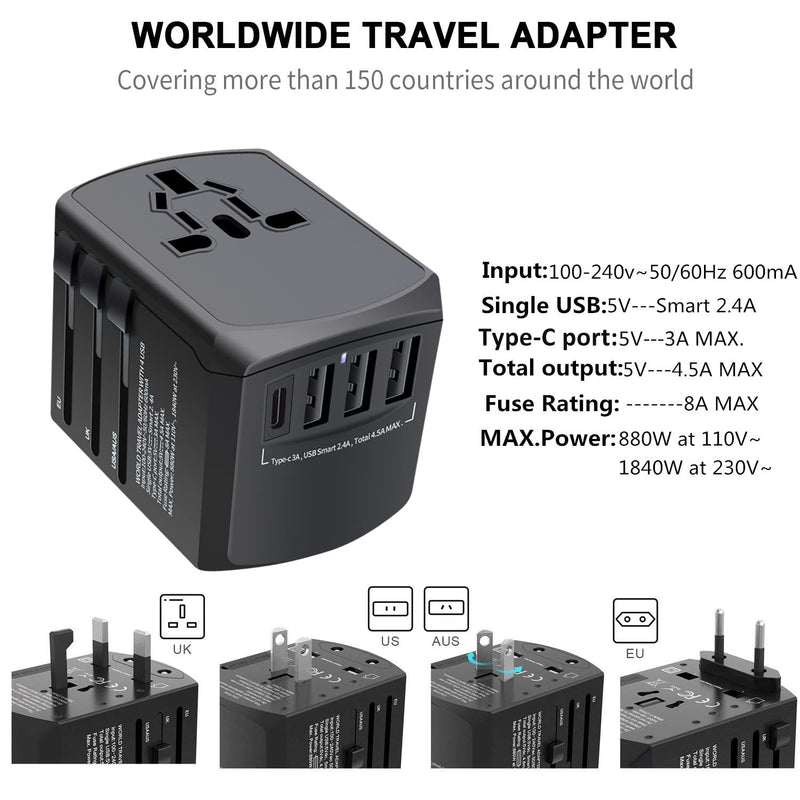 [Australia - AusPower] - Universal International Travel Power Adapter High Speed with 3 USB Ports and USB Type C, Worldwide Wall Charger, All in One AC Plug for Europe, UK, China, Australia, Japan- for Laptop, Cell Phones 