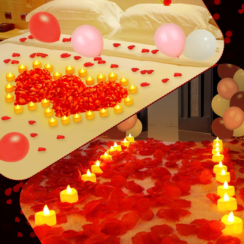 [Australia - AusPower] - AOKE Rose Petals and Candles Set-3000Pcs Artificial Rose Petals with 36Pcs LED Tea Candles Lights Valentine's Day Love Decorations with Balloons for Romantic Night, Wedding, Anniversary Proposal 