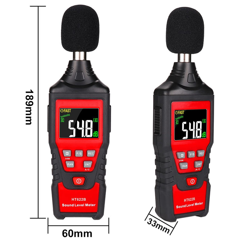 [Australia - AusPower] - Decibel Meter, Professional Digital Sound Level Meter Noise Decibel Tester 30dB-130dB with LCD Color Display, A/C Frequency Weighting, USB Data Logger, Max/Min/Data Hold, Fast/Slow, Storage Bag HT622B 