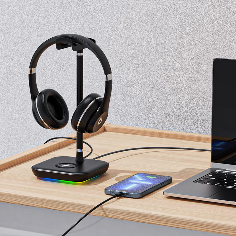 [Australia - AusPower] - RGB Headphone Stand with USB Charger HORUMP Desk Gaming Headset Holder Hanger Rack with 2 USB Charging Ports, Suitable for Gamer Desktop Table Game, Earphone Accessories, DJ, Boyfriend Gift 