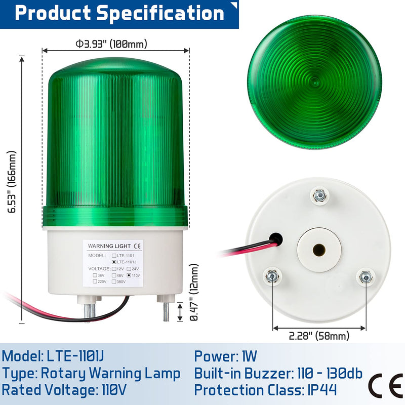 [Australia - AusPower] - GKEEMARS Industrial Signal Alarm Tower Lamp LTE-1101J AC 110V, LED Rotating Strobe Warning Light with Buzzer for Emergency (Green) Green 