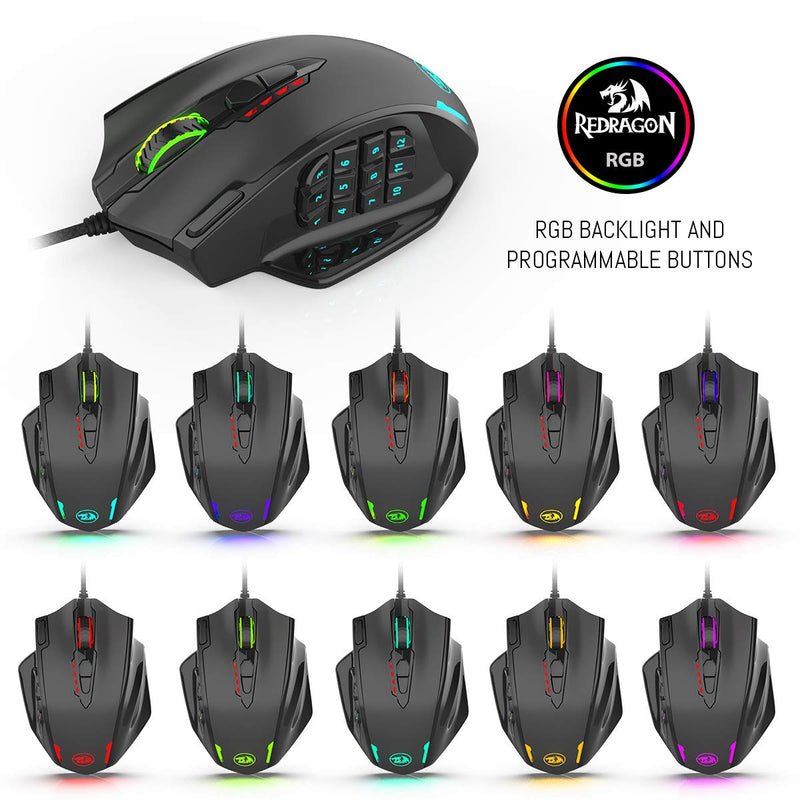 [Australia - AusPower] - Redragon M908 Impact RGB LED MMO Mouse with Side Buttons Optical Wired Gaming Mouse with 12,400DPI, High Precision, 20 Programmable Mouse Buttons Black Wired 