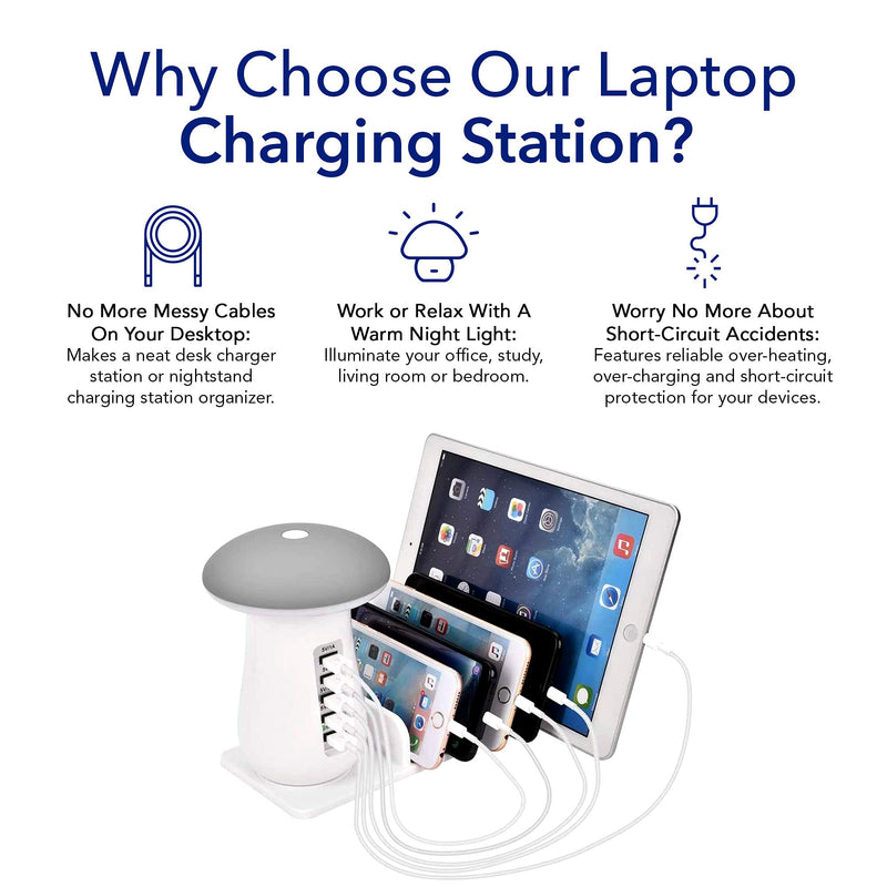 [Australia - AusPower] - Charging Dock Stations - 5-Port Night Light Charging Station, Mushroom Desk Lamp, Fast Charger Led Lamp, Multi Phone Charging Station USB for Apple iPhone, iPad, and Android Gadgets 