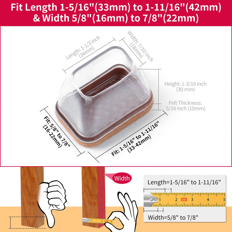 [Australia - AusPower] - 24PCS Rectangle Chair Leg Floor Protectors with Felt, Small Silicone Chair Leg Caps for Hardwood Floors, Clear Outdoor Patio Flooring Protectors, Anti-scratch, Fit Length 1.3"-1.65", Width 0.63"-0.87" 