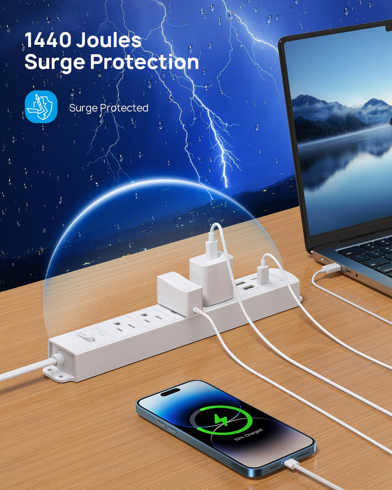 [Australia - AusPower] - TROND Flat Plug Power Strip USB-5ft Flat Extension Cord Surge Protector Wall Mount, 2 Type C Charger & 2 USB A Ports with Multiple Outlets, 1440J, 1625W for Office Supplies Dorm Room Essentials, White 5Ft - 2 USB C 