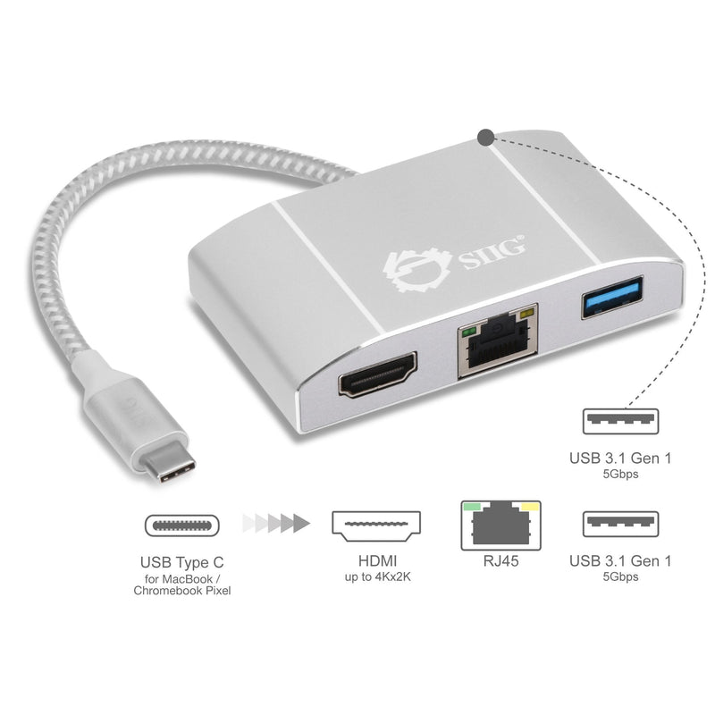 [Australia - AusPower] - SIIG USB 3.1Type C (USB C) Thunderbolt 3 to Gigabit Ethernet LAN Network and HDMI Adapter Hub with USB 3.0 Type A, Gigabit Etherent and HDMI output - 4K ready (JU-H30712-S1) 
