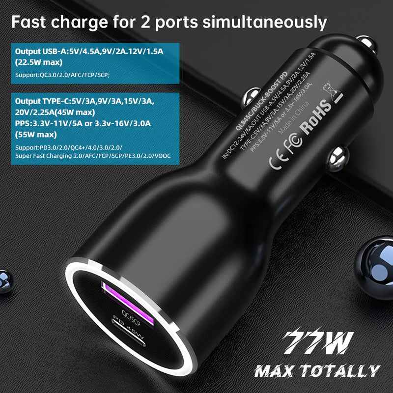 [Australia - AusPower] - USB Type C Car Charger Fast Charging, Metal Car Charger Adapter Quick Charge QC3.0 PD 45W 20W PPS for iPhone 13/12 Pro Max Samsung Pixel USBC Laptop PD Black 