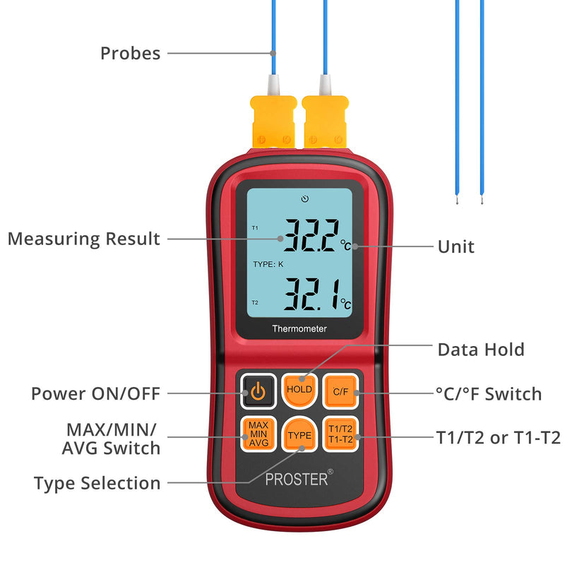 [Australia - AusPower] - Proster Digital Thermocouple Temperature Thermometer with Two K-Type Thermocouple Probe Backlight LCD K Type Thermometer Dual Channel for K/J/T/E/R/S/N Type 