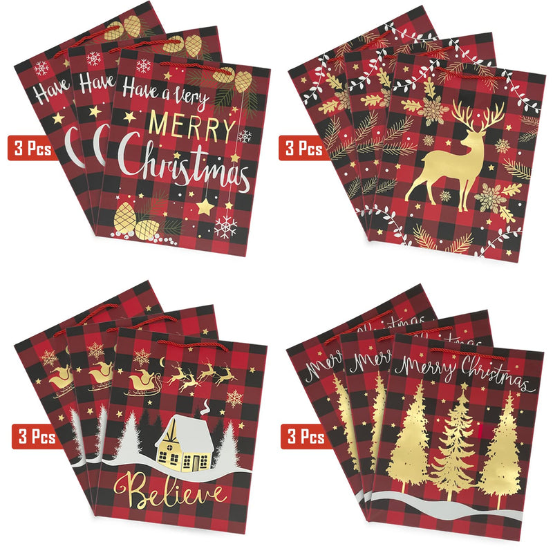[Australia - AusPower] - 12PCS Christmas Gift Bags with Handles,Reusable Wrapping Bags Medium Size Paper Bags Shopping Bag Retail Bags for Christmas Birthday Wedding Party Favor Supplies, 10.2×12.6×3.94 inch 
