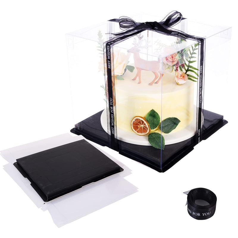 [Australia - AusPower] - 2 Pack Clear Tall Cake Boxes, 10" X 10" X 9" Transparent Cake Boxes of Bakery, Plastic Tier Clear Cake Carriers with Lid and Ribbon for Birthday Party Anniversary Wedding Gift Display-Black 