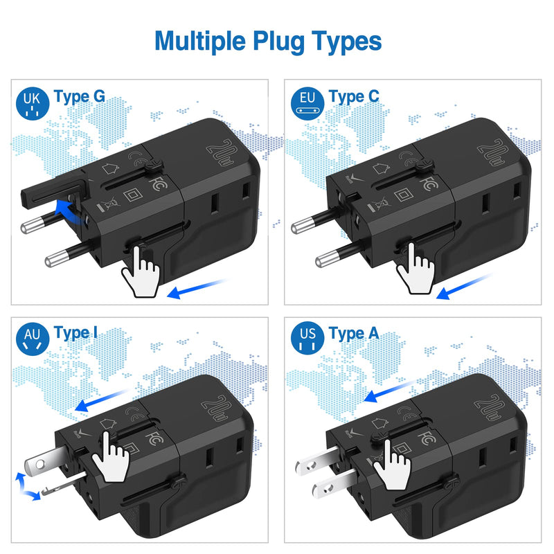 [Australia - AusPower] - hyleton Universal Travel Adapter,20W USB C Charger Fast Charging PD QC 3.0 Port,European Travel Plug Adapter with 2 USA Socket,Includes Type A,C,G,I International Power Plug for US EU UK AUS (Black) 